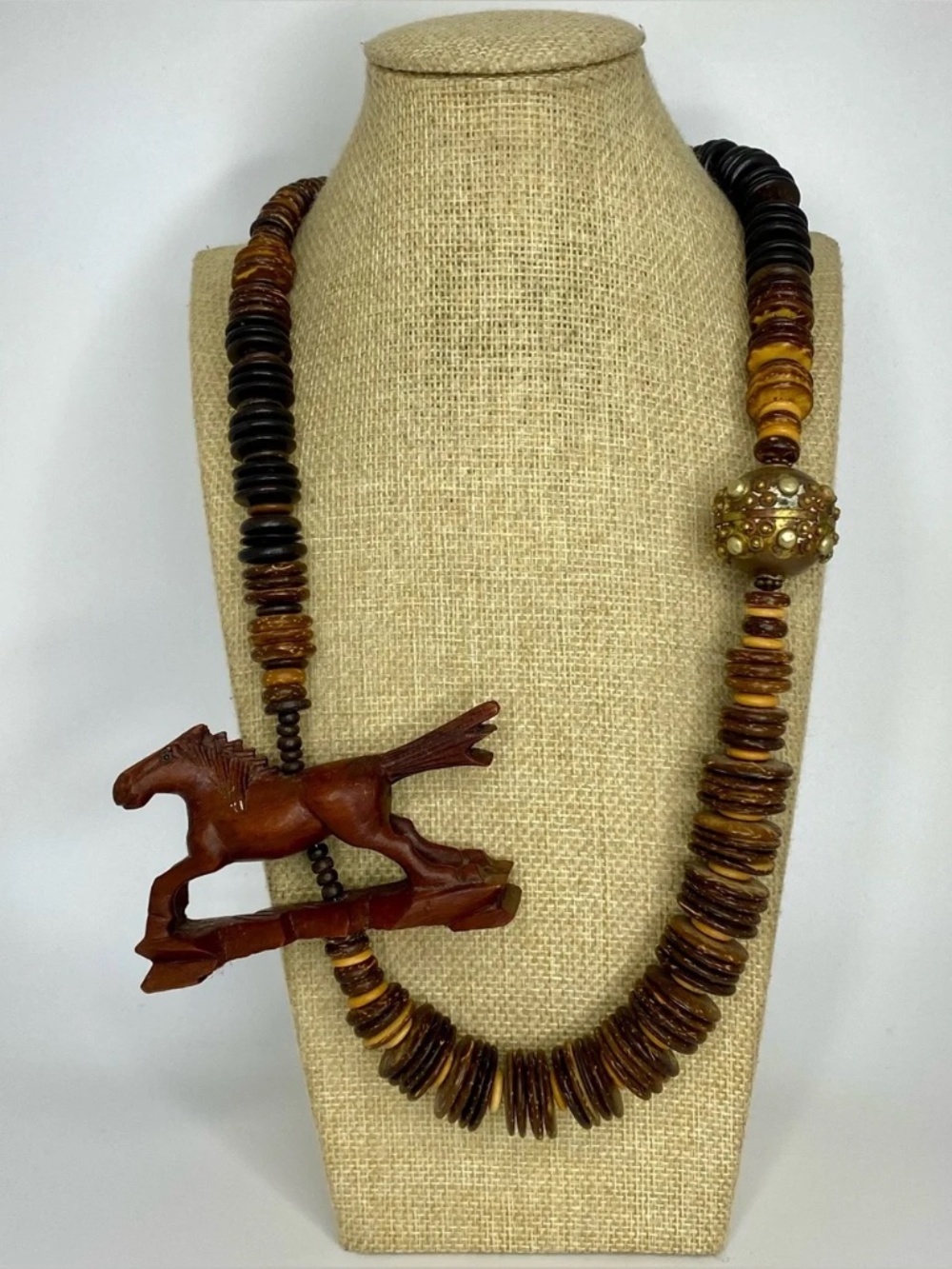 Vintage Hand Carved Horse Sculpture Statement Necklace